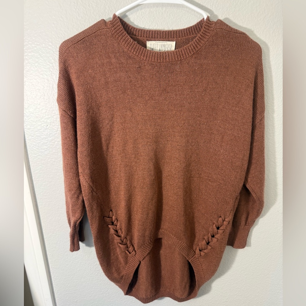 Sweet Wanderer Brownish Red Sweater with‎ Braided Hem